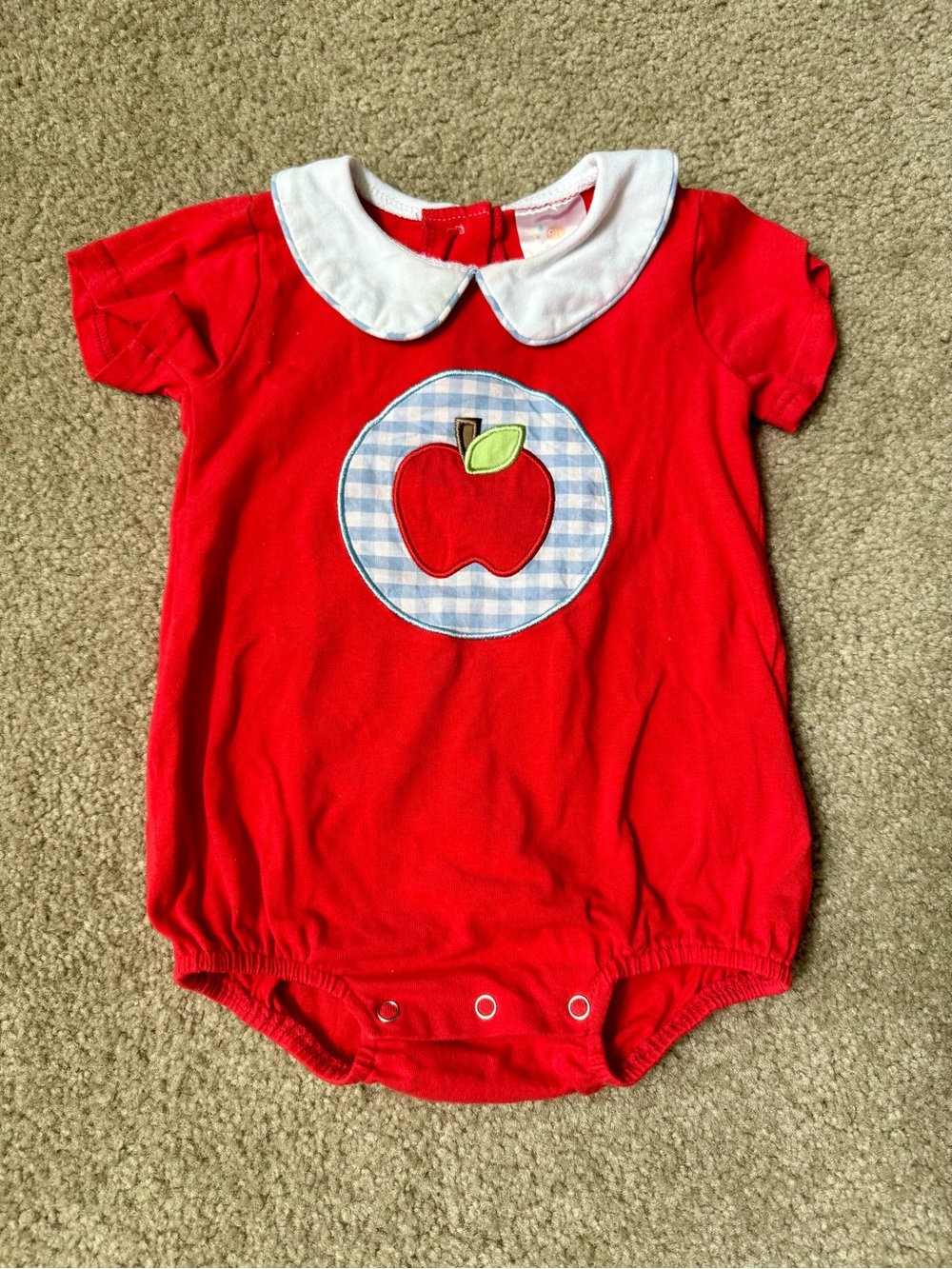 Stitchy Fish Red Apple Baby Romper with White Peter Pan Collar Size 9 Months